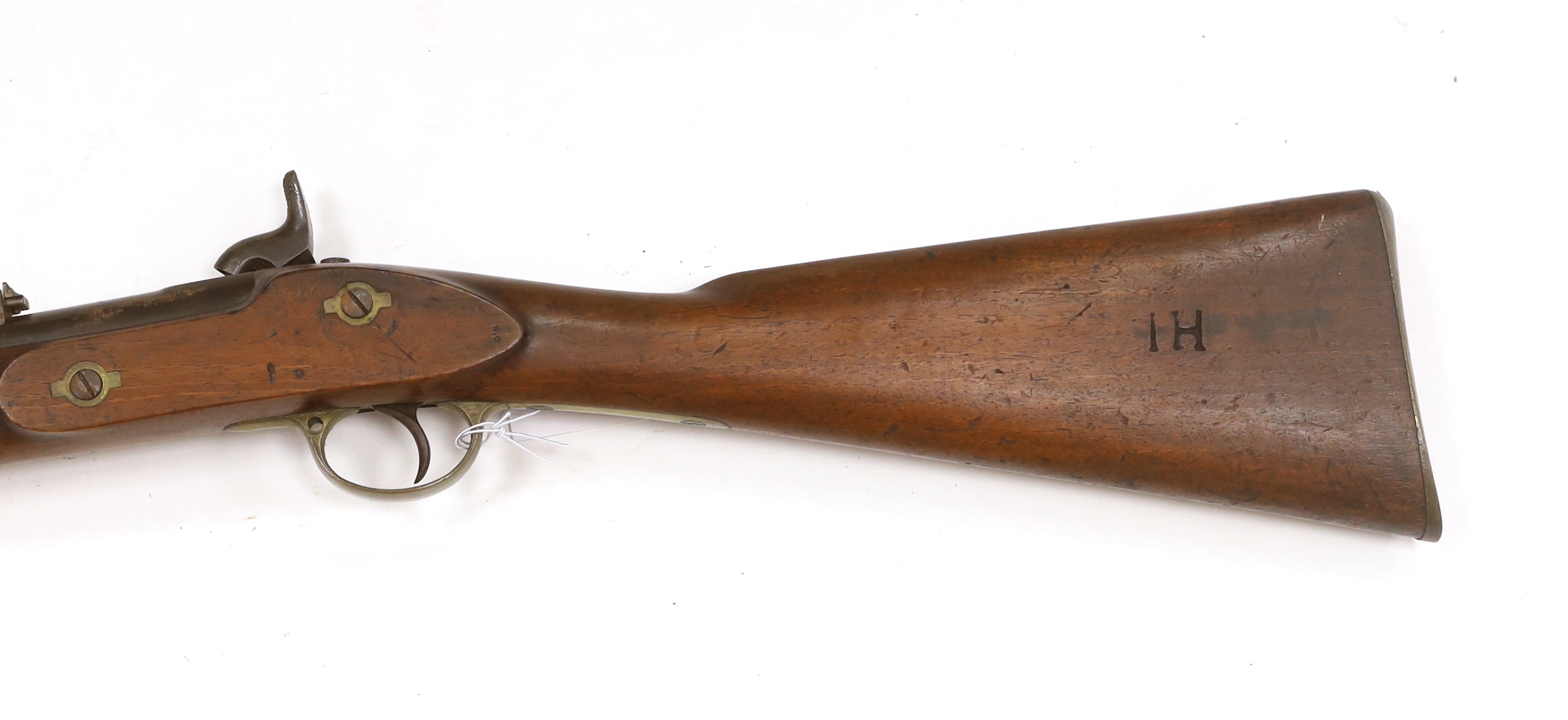 A .577 inch three band Enfield Military percussion rifle, lock stamped Tower 1868 with crown entail